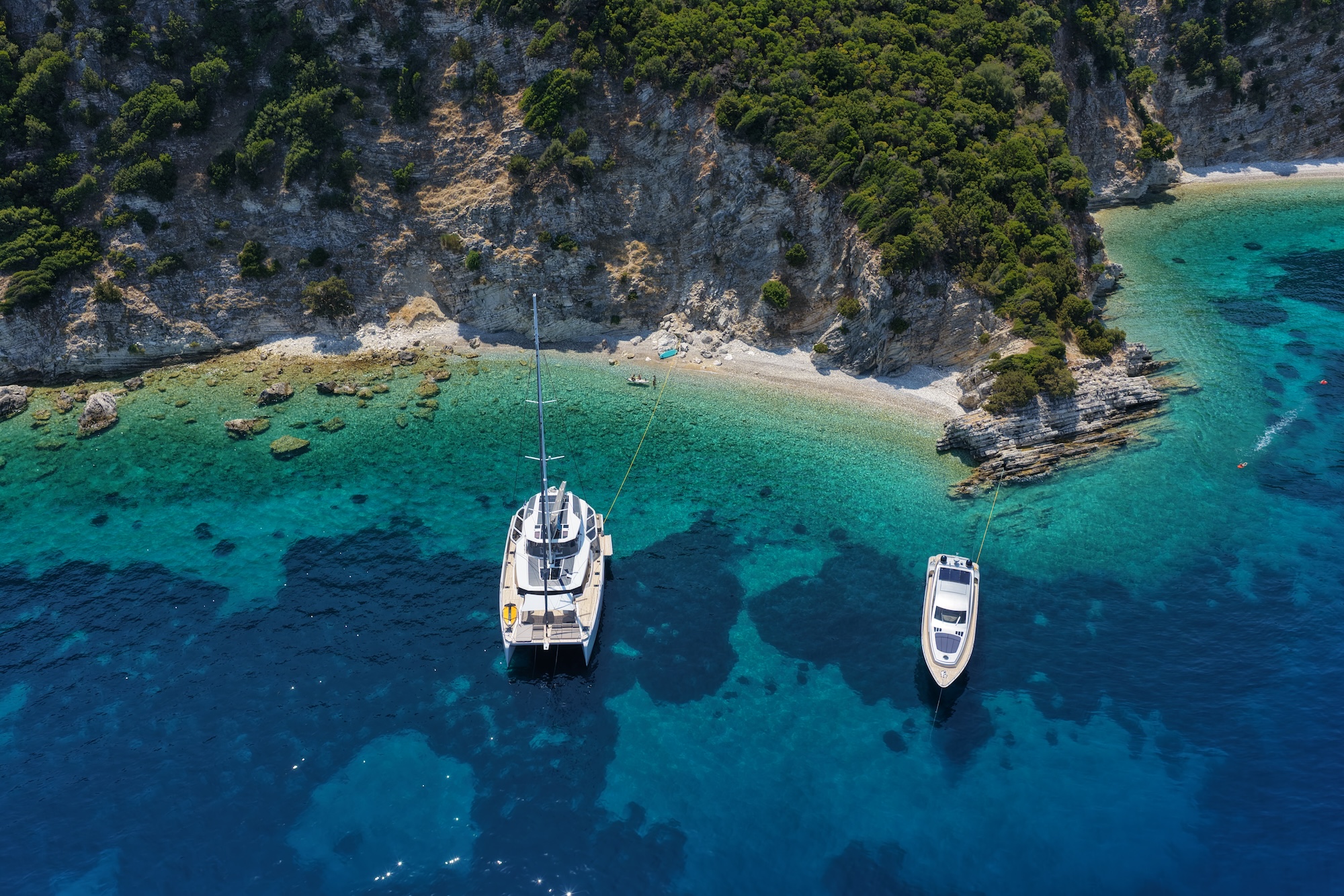 An Aloia catamaran at anchor off the coast of Ithaca