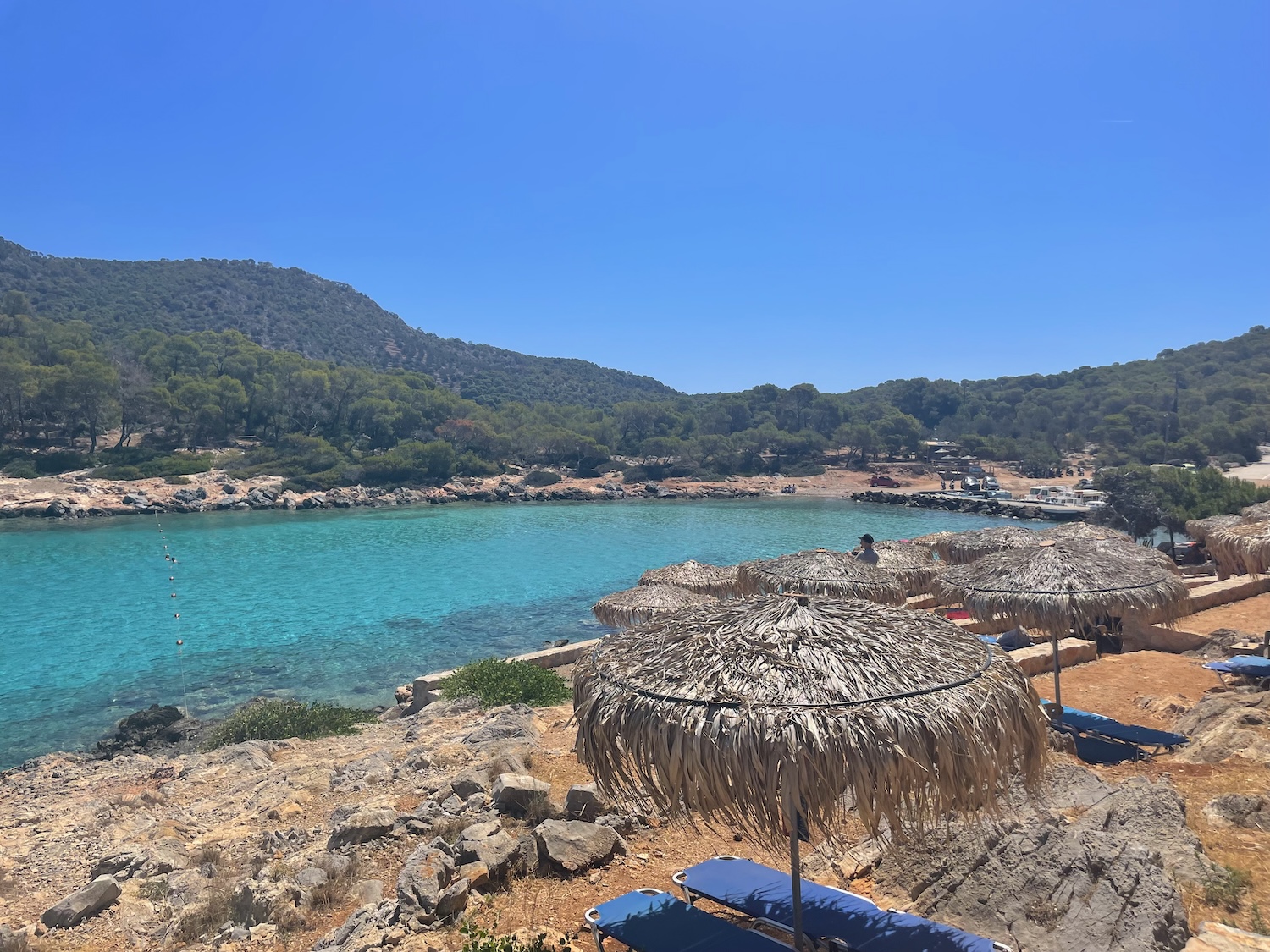 Aponisos beach and its clear turquoise water on Agistri