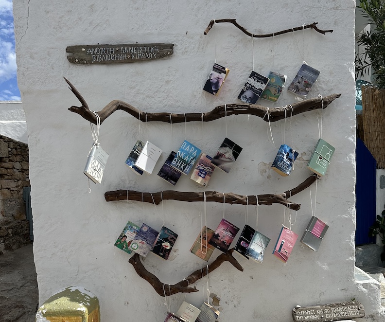 Books hanging along a wall in Kimolos